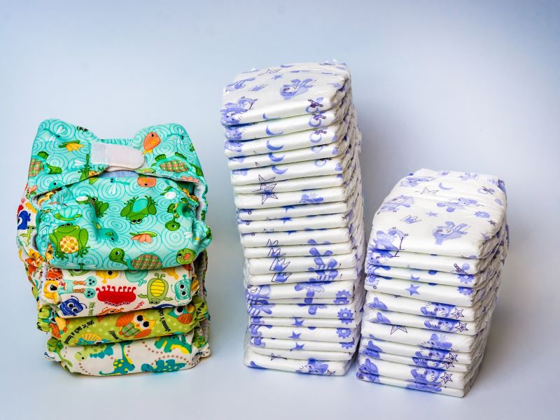 A stack of cloth nappies next to two stacks of disposable nappies