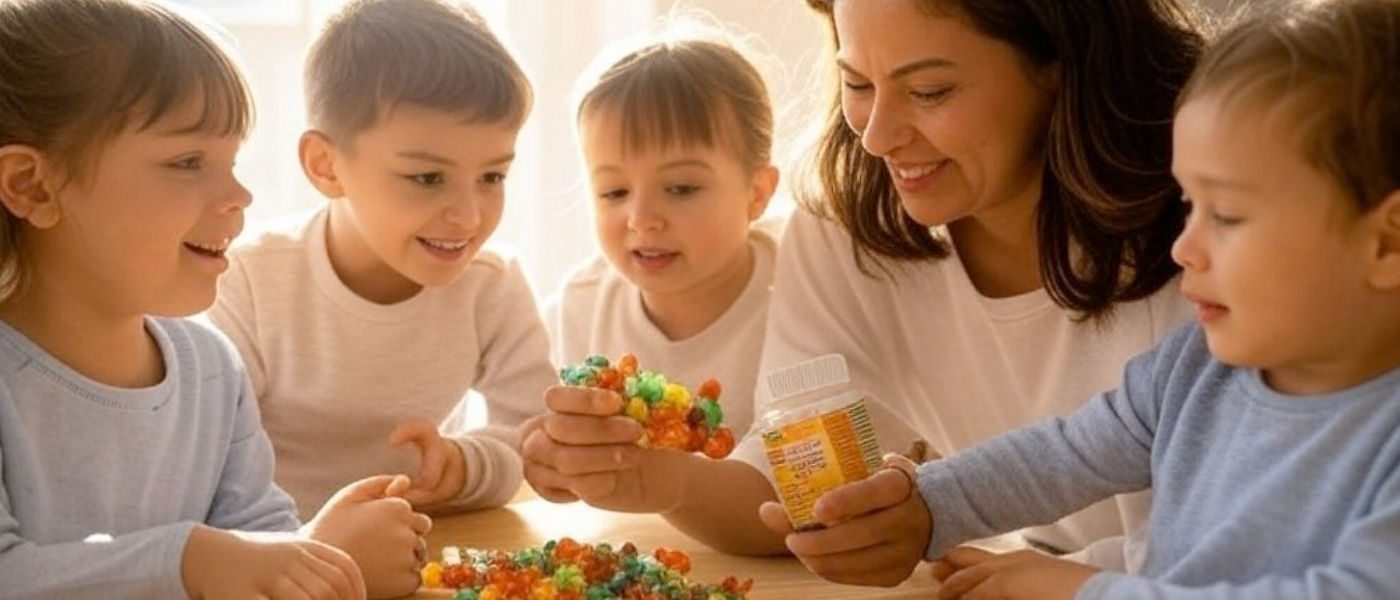 work at home mom gives children gummy vitamins