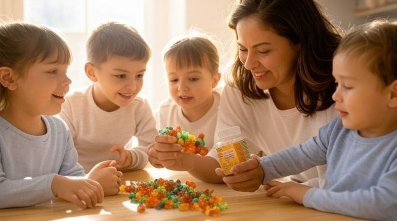 work at home mom gives children gummy vitamins